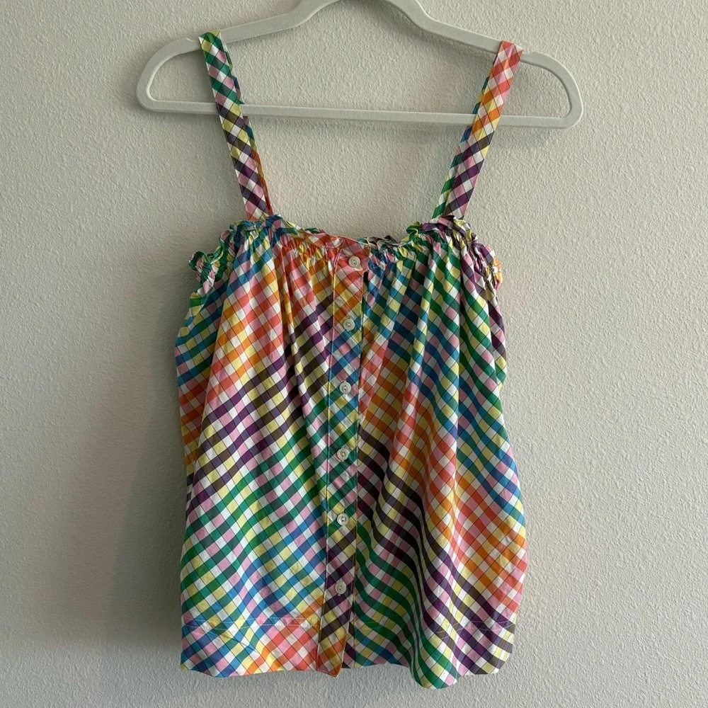 J. Crew Ruffle Tank Top Squareneck Button-Front Women’s 0 Cotton Gingham Rainbow
